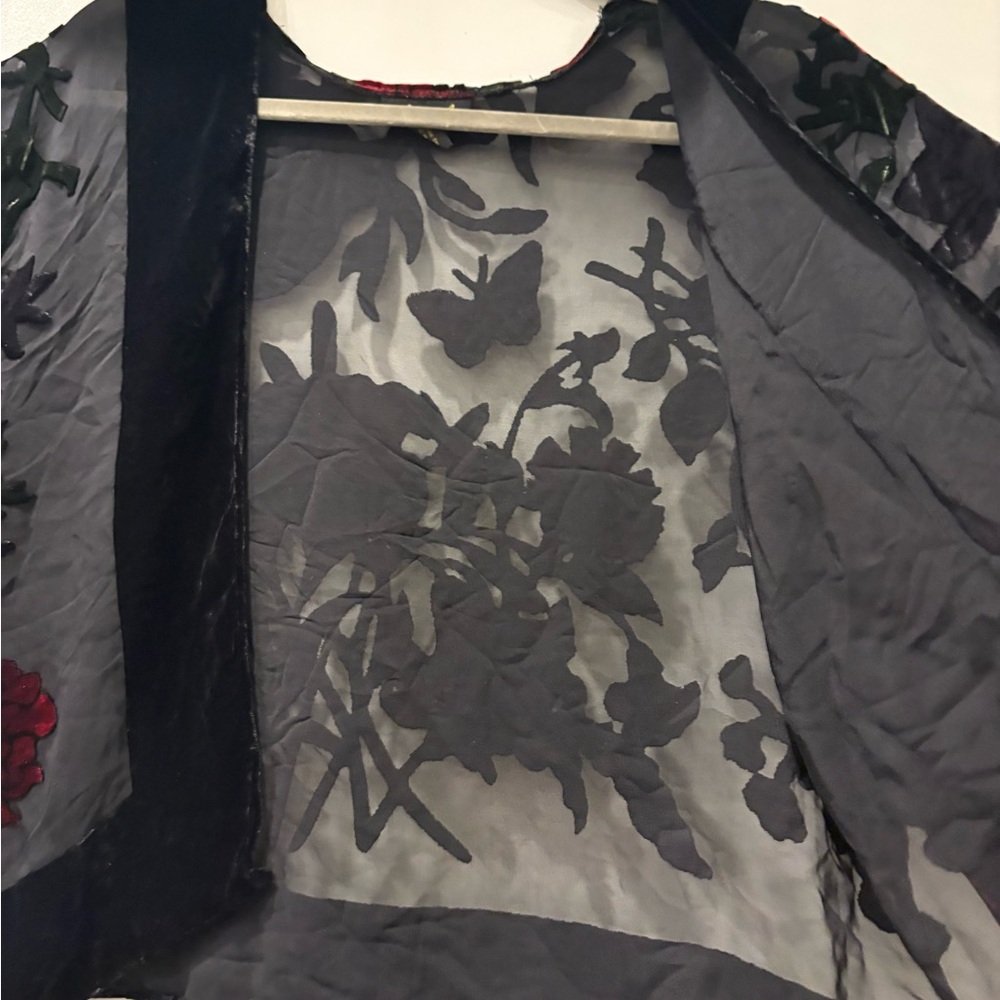 Vintage silk velvet sheer burnout flare sleeve open kimono small - Picture 10 of 12